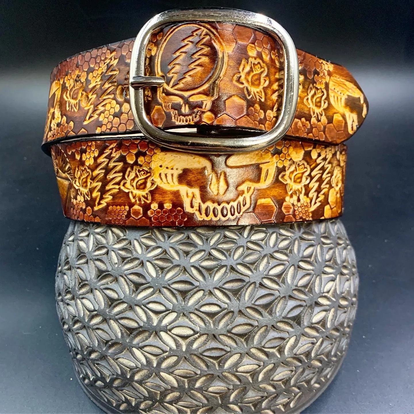 Stamped Leather Belt - Grateful Full Stealie