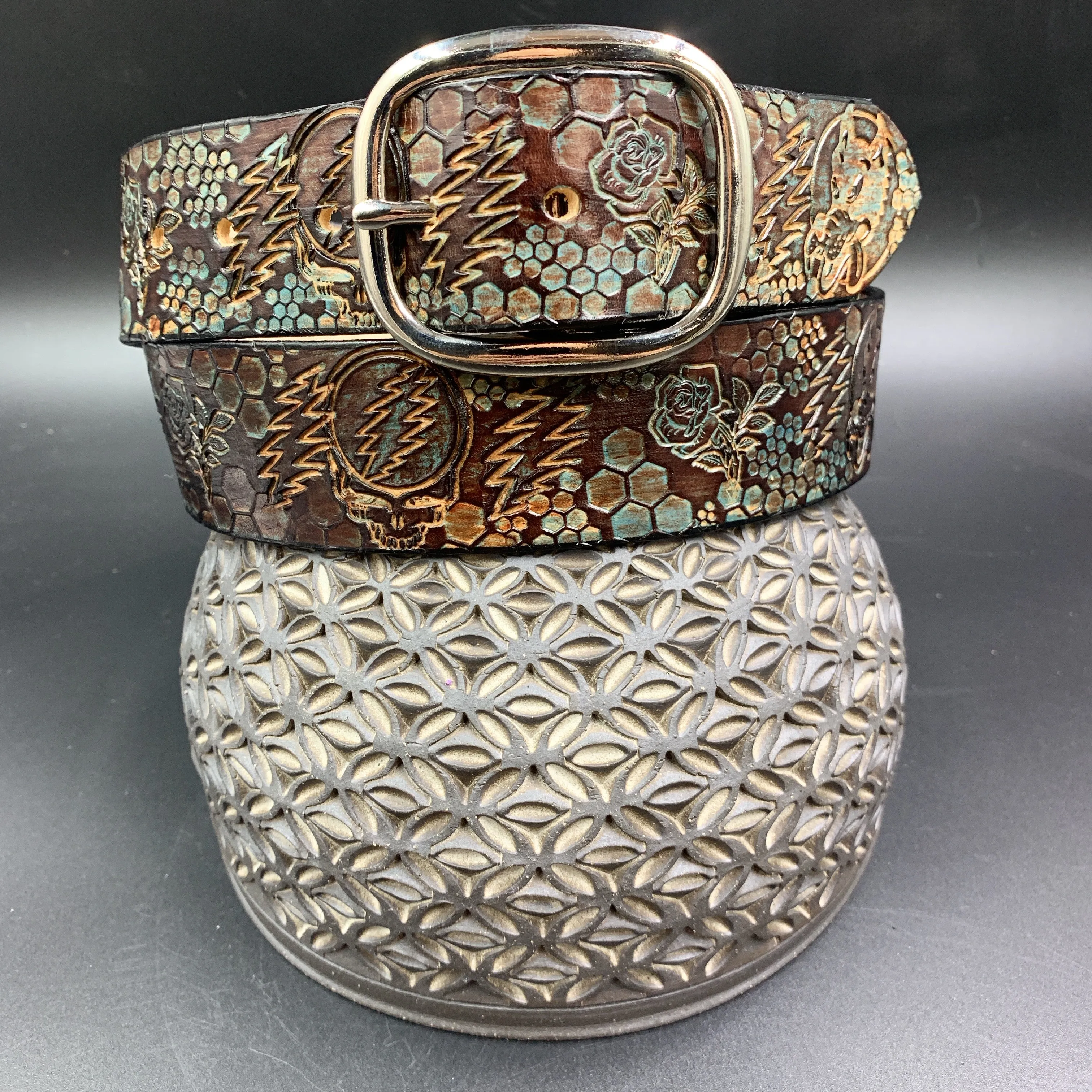 Stamped Leather Belt - Grateful Full Stealie