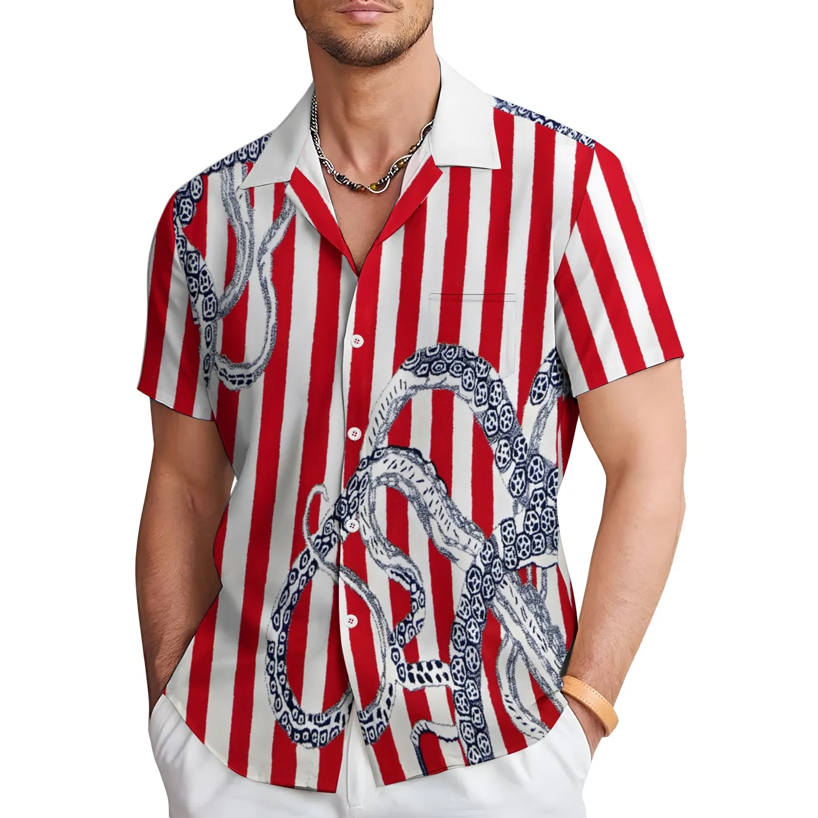 Striped Octopus Tentacle Print Casual Short Sleeve Shirt 2403000796