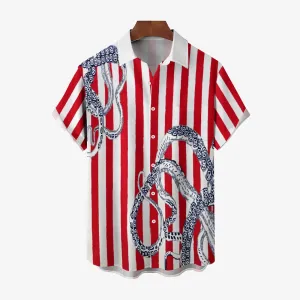 Striped Octopus Tentacle Print Casual Short Sleeve Shirt 2403000796