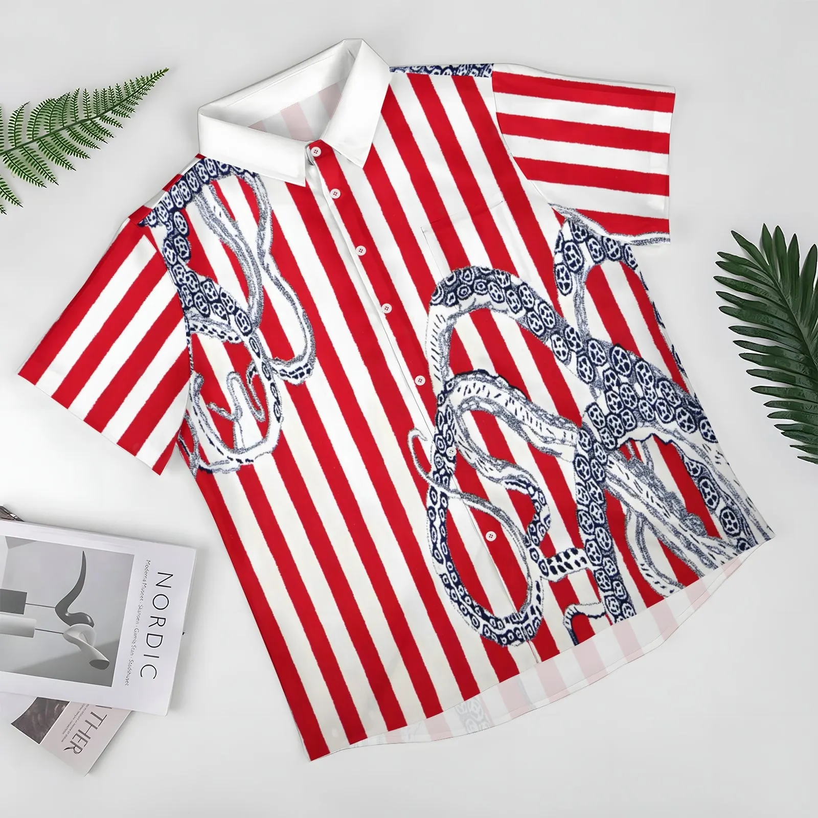 Striped Octopus Tentacle Print Casual Short Sleeve Shirt 2403000796