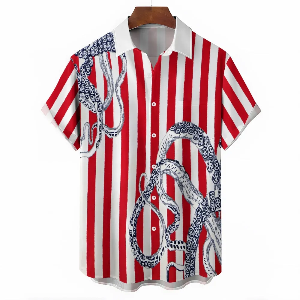 Striped Octopus Tentacle Print Casual Short Sleeve Shirt 2403000796