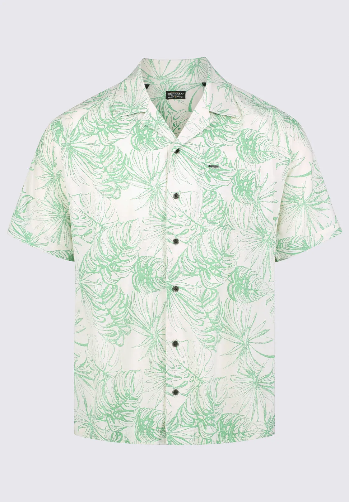Suresh Men's Short Sleeve Camp Shirt, Beige with Green Print - BM24293