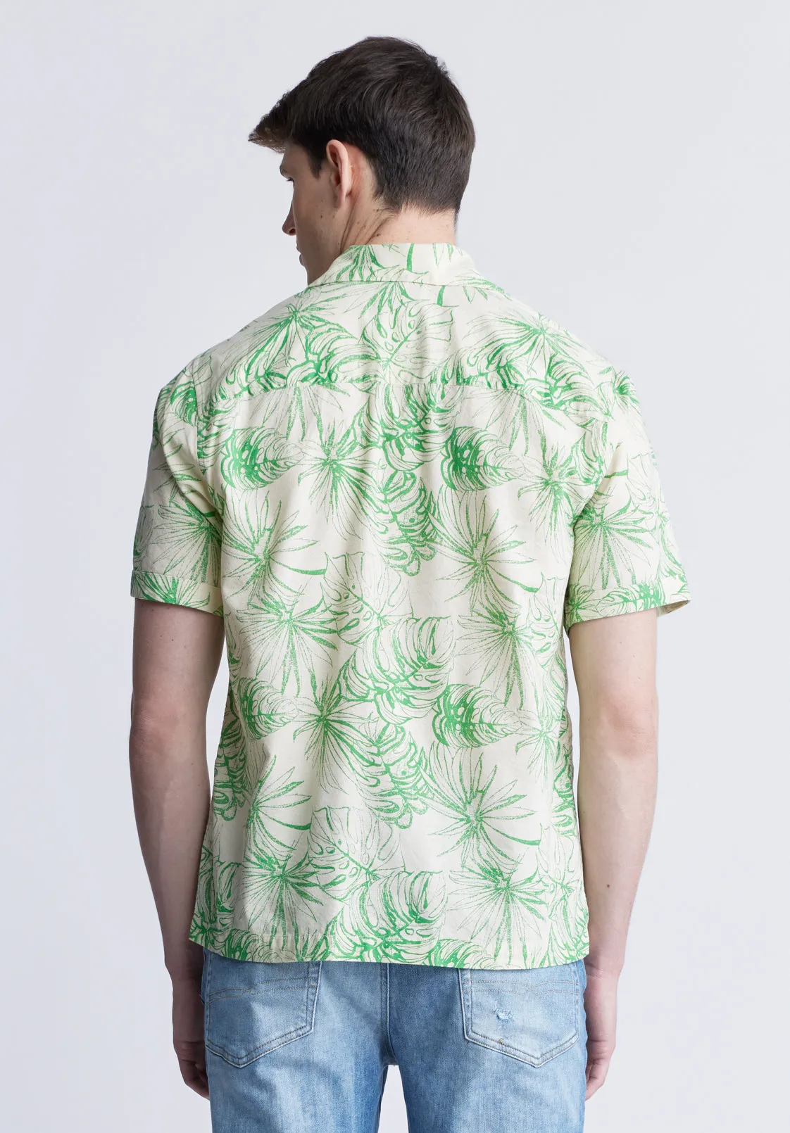Suresh Men's Short Sleeve Camp Shirt, Beige with Green Print - BM24293