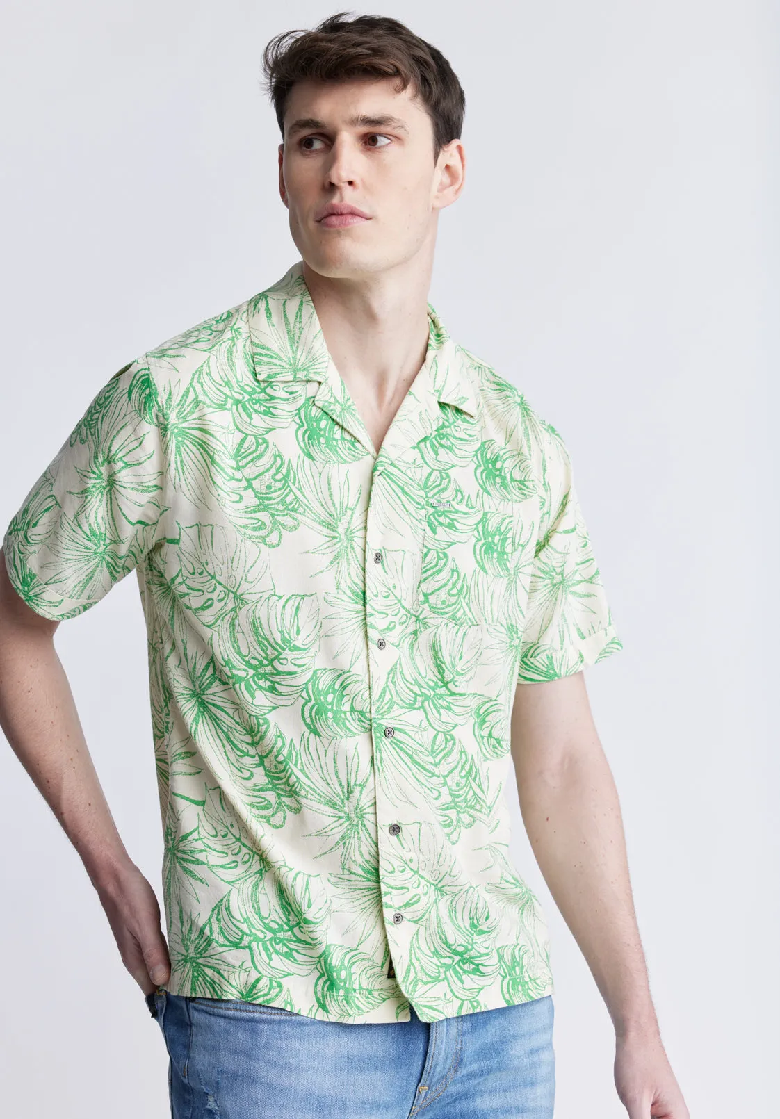 Suresh Men's Short Sleeve Camp Shirt, Beige with Green Print - BM24293