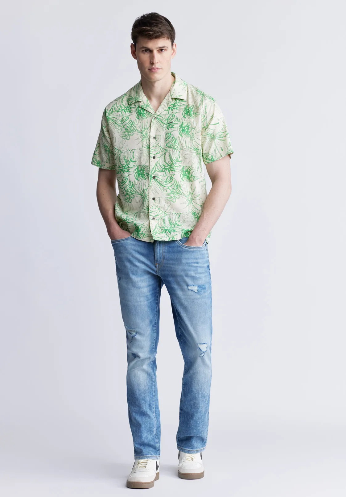 Suresh Men's Short Sleeve Camp Shirt, Beige with Green Print - BM24293