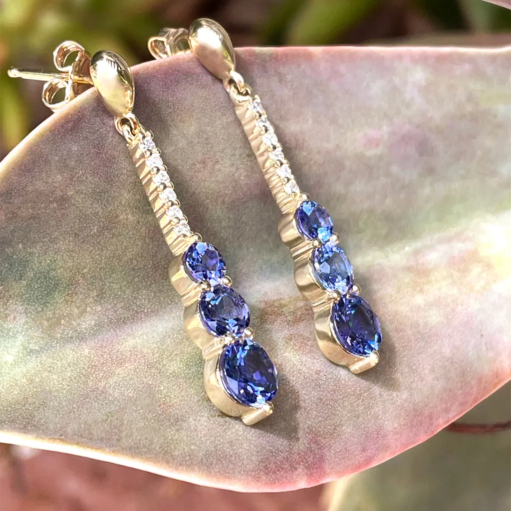 Tanzanite and Six Diamond Drop Yellow Gold Earrings
