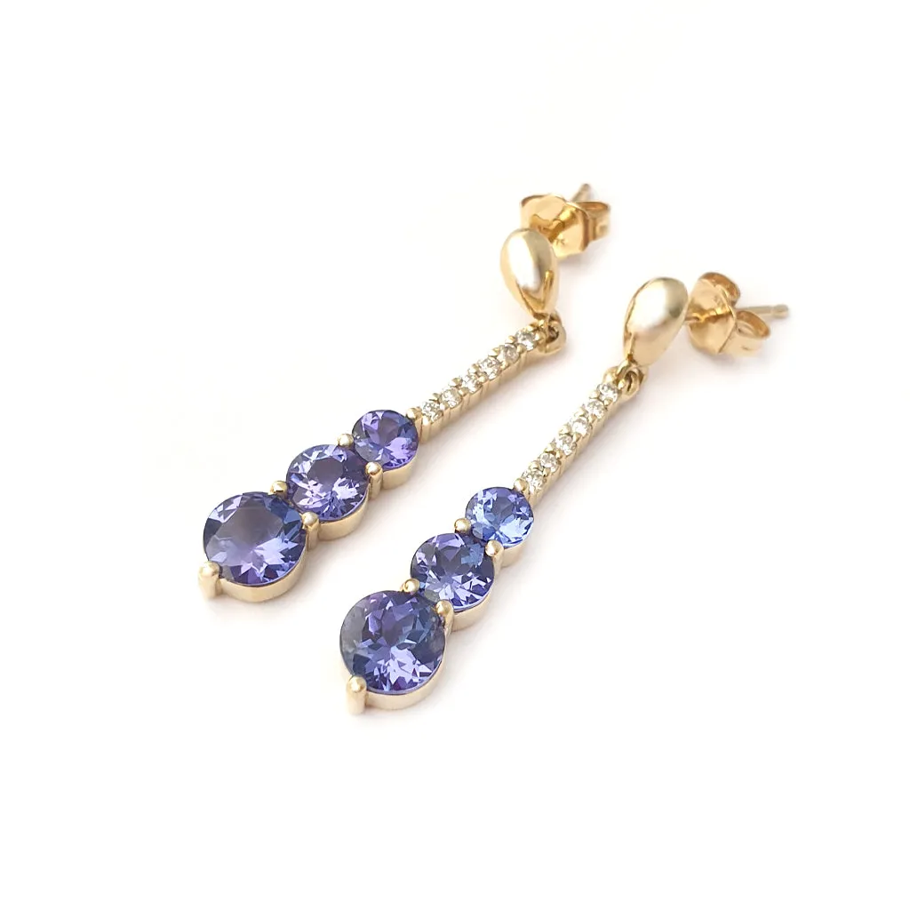 Tanzanite and Six Diamond Drop Yellow Gold Earrings