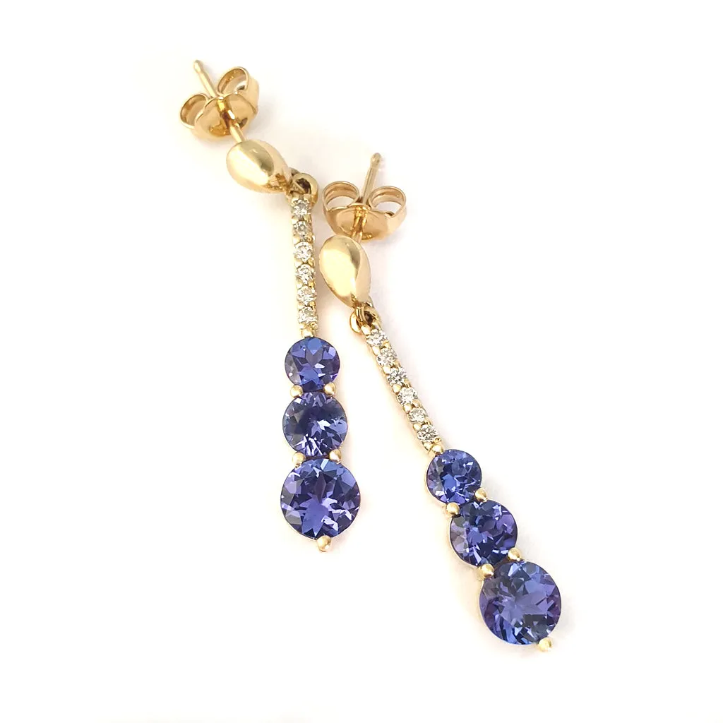 Tanzanite and Six Diamond Drop Yellow Gold Earrings