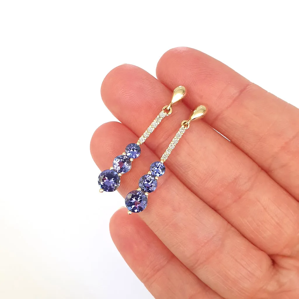 Tanzanite and Six Diamond Drop Yellow Gold Earrings