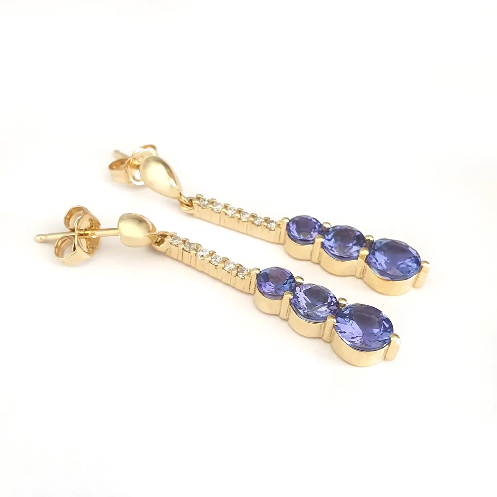 Tanzanite and Six Diamond Drop Yellow Gold Earrings