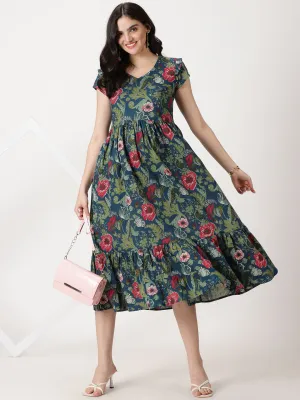 Teal Tropical Printed Midi Dress with Flounce Hem
