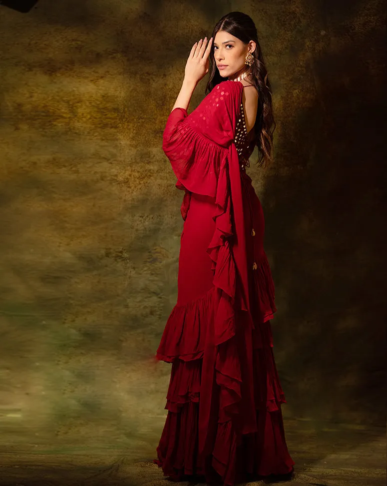 The Maroon Mirror Ruffle Sari
