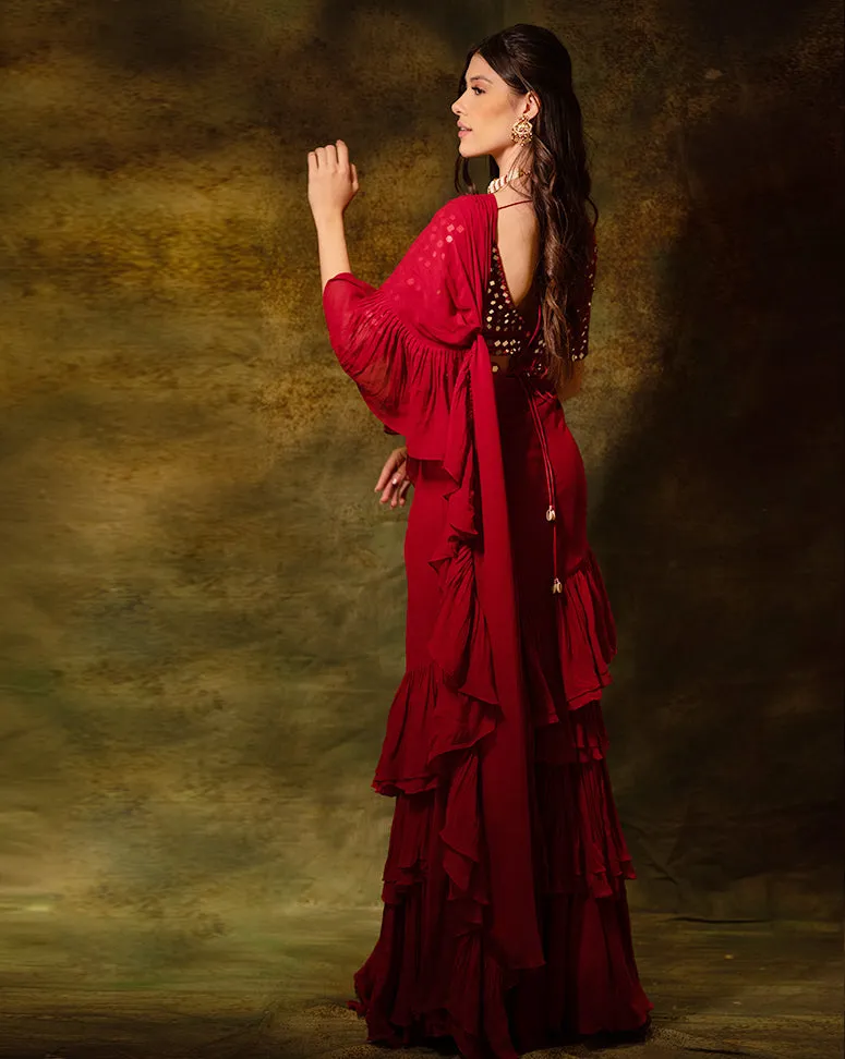The Maroon Mirror Ruffle Sari