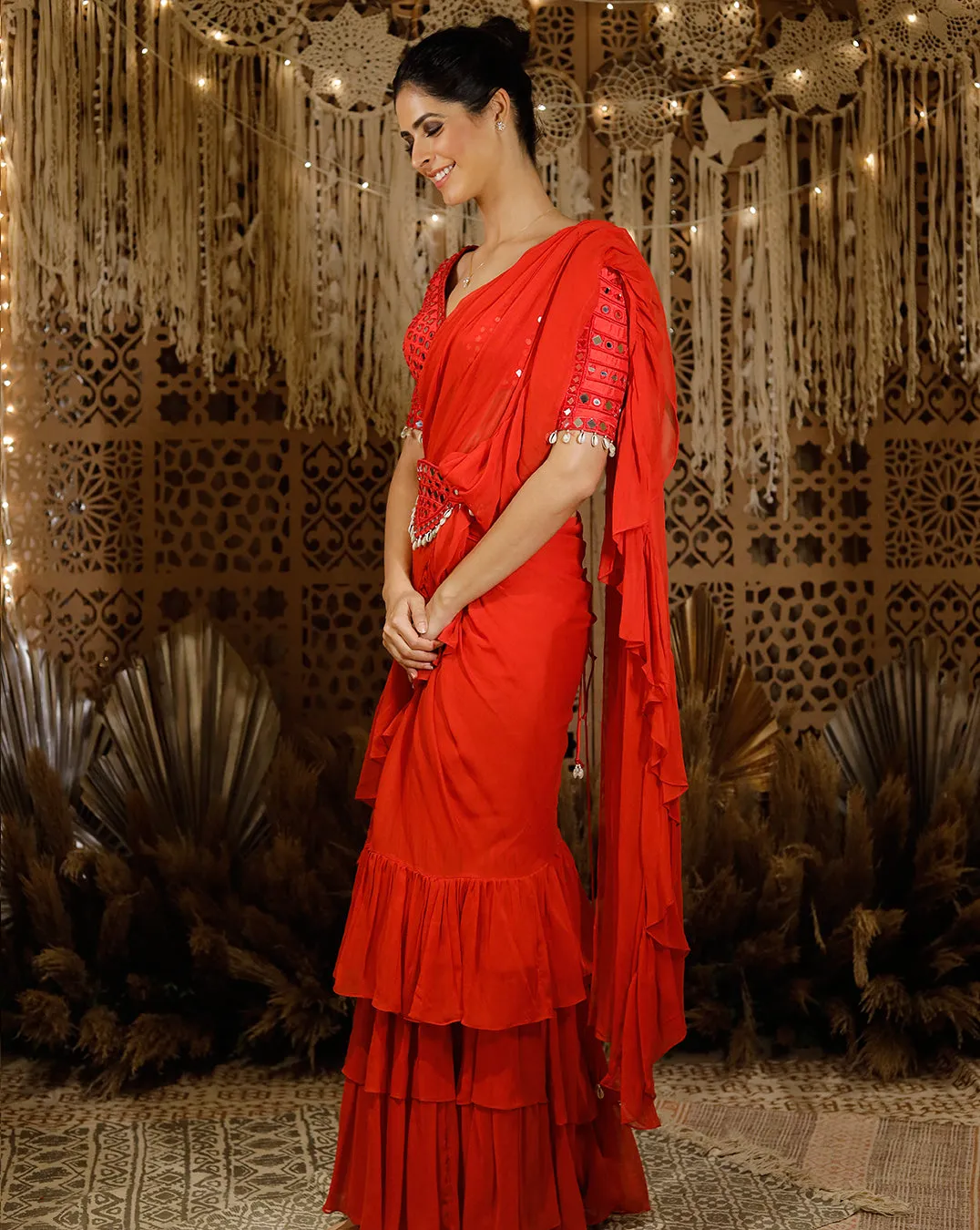 The red mirror ruffle sari