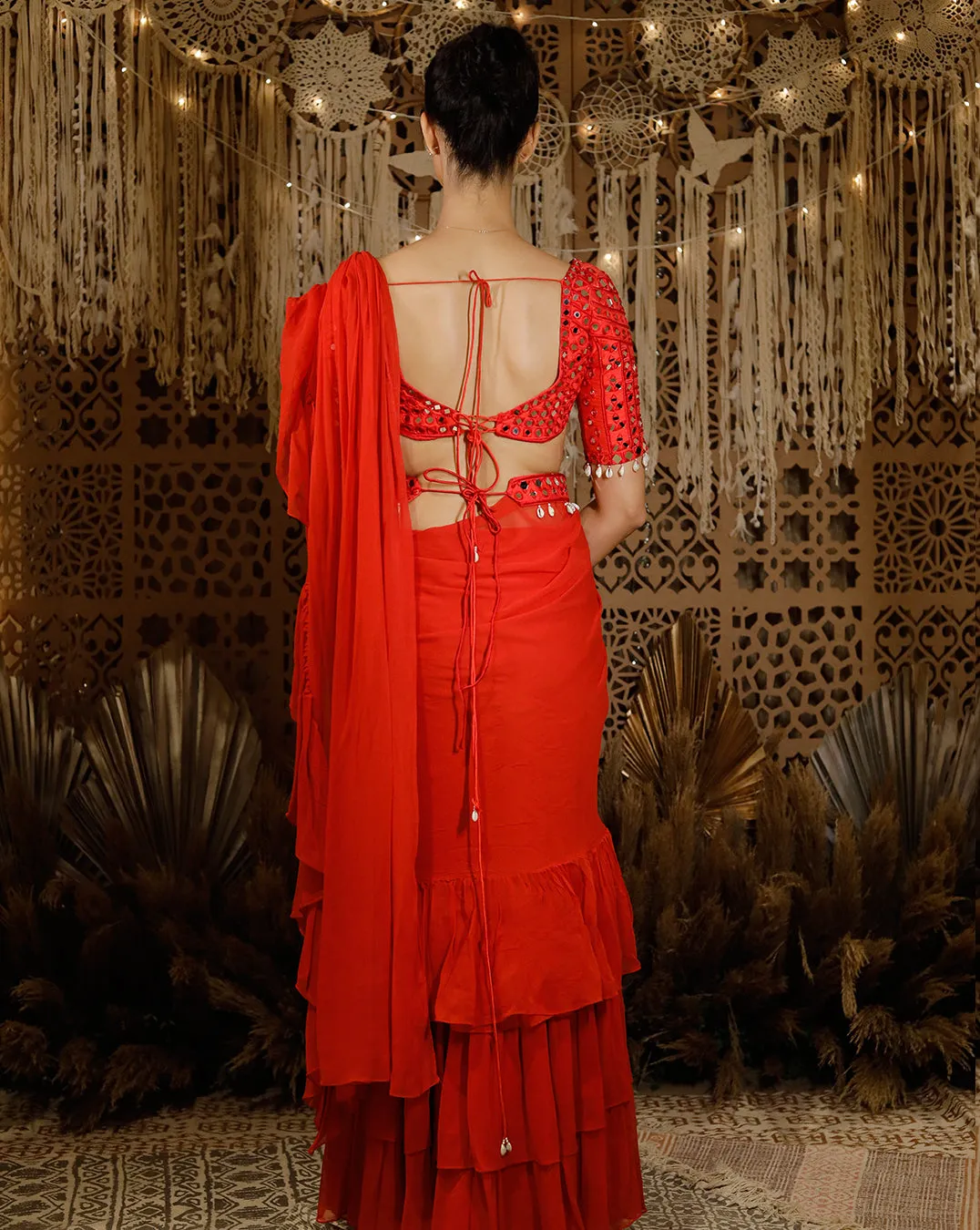The red mirror ruffle sari