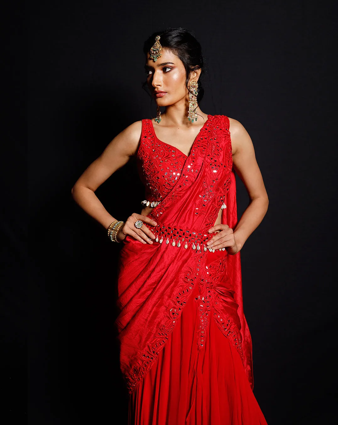 The Shimmering Rouge Drape Sari
