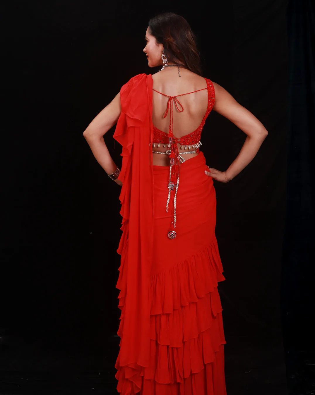 The Shimmering Rouge Ruffle Sari