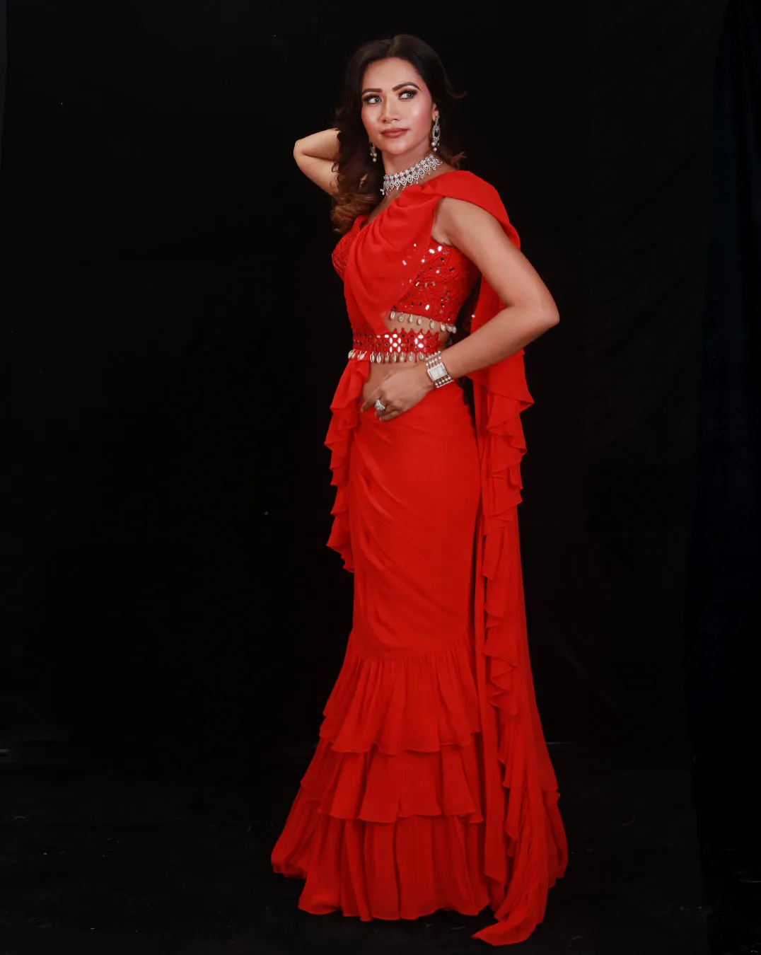 The Shimmering Rouge Ruffle Sari