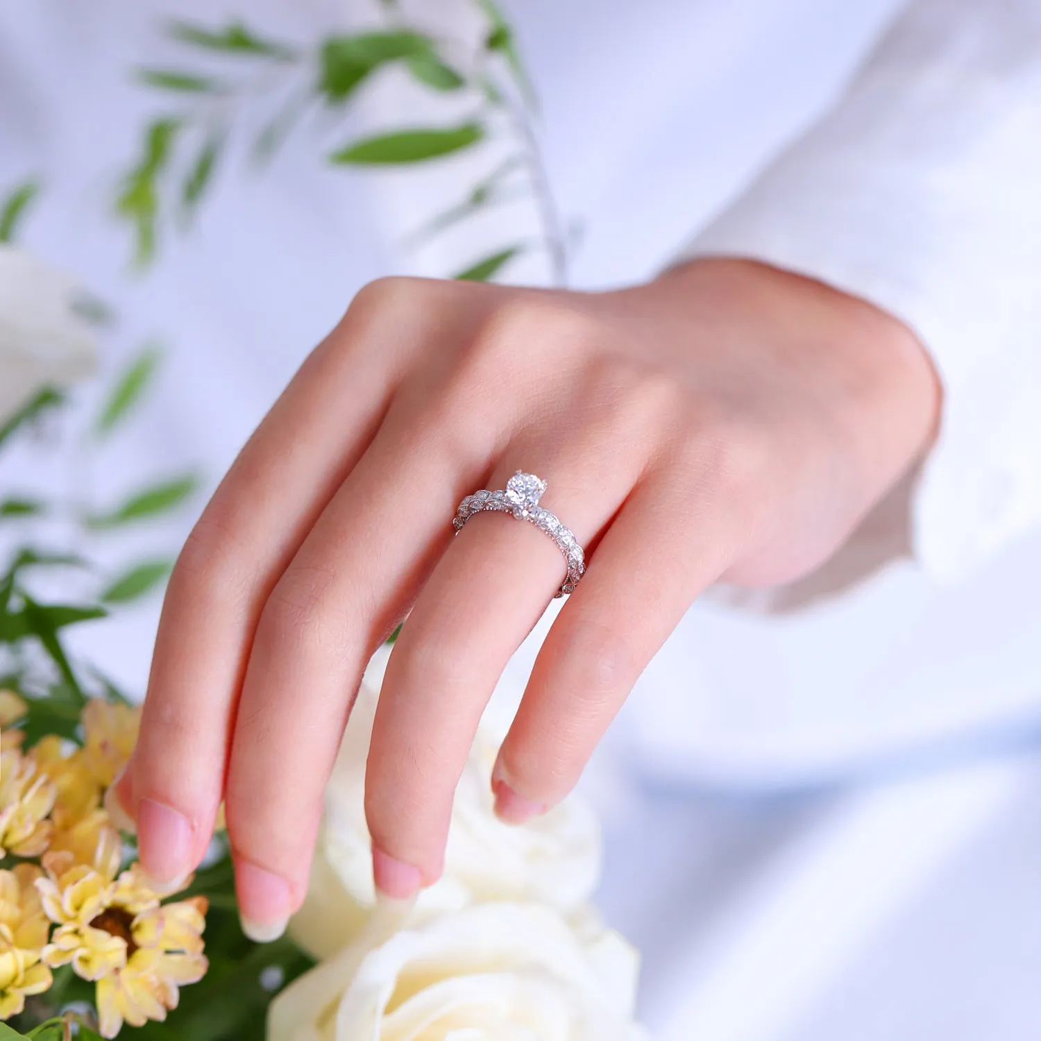 Three Sided Full Eternity GIA Diamond Engagement Ring