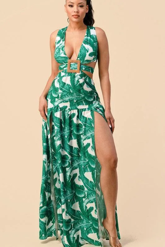 TROPICAL FEATHER PRINT SQUARE BUCKLE FRONT DETAIL