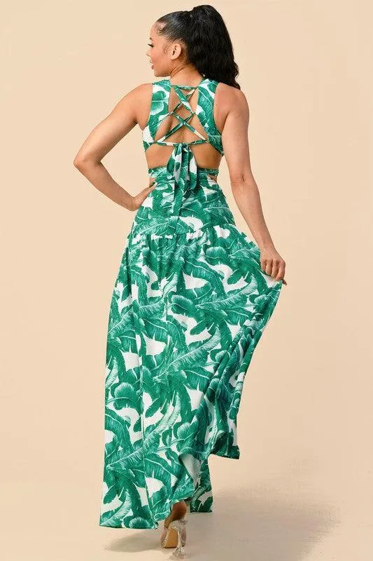 TROPICAL FEATHER PRINT SQUARE BUCKLE FRONT DETAIL