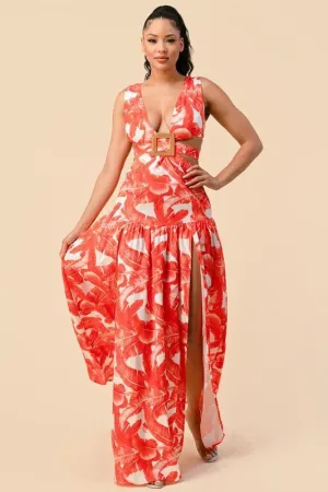 TROPICAL FEATHER PRINT SQUARE BUCKLE FRONT DETAIL