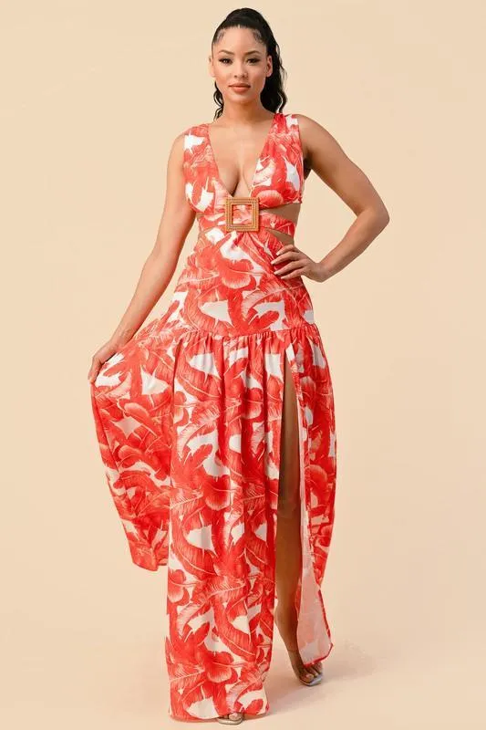 TROPICAL FEATHER PRINT SQUARE BUCKLE FRONT DETAIL
