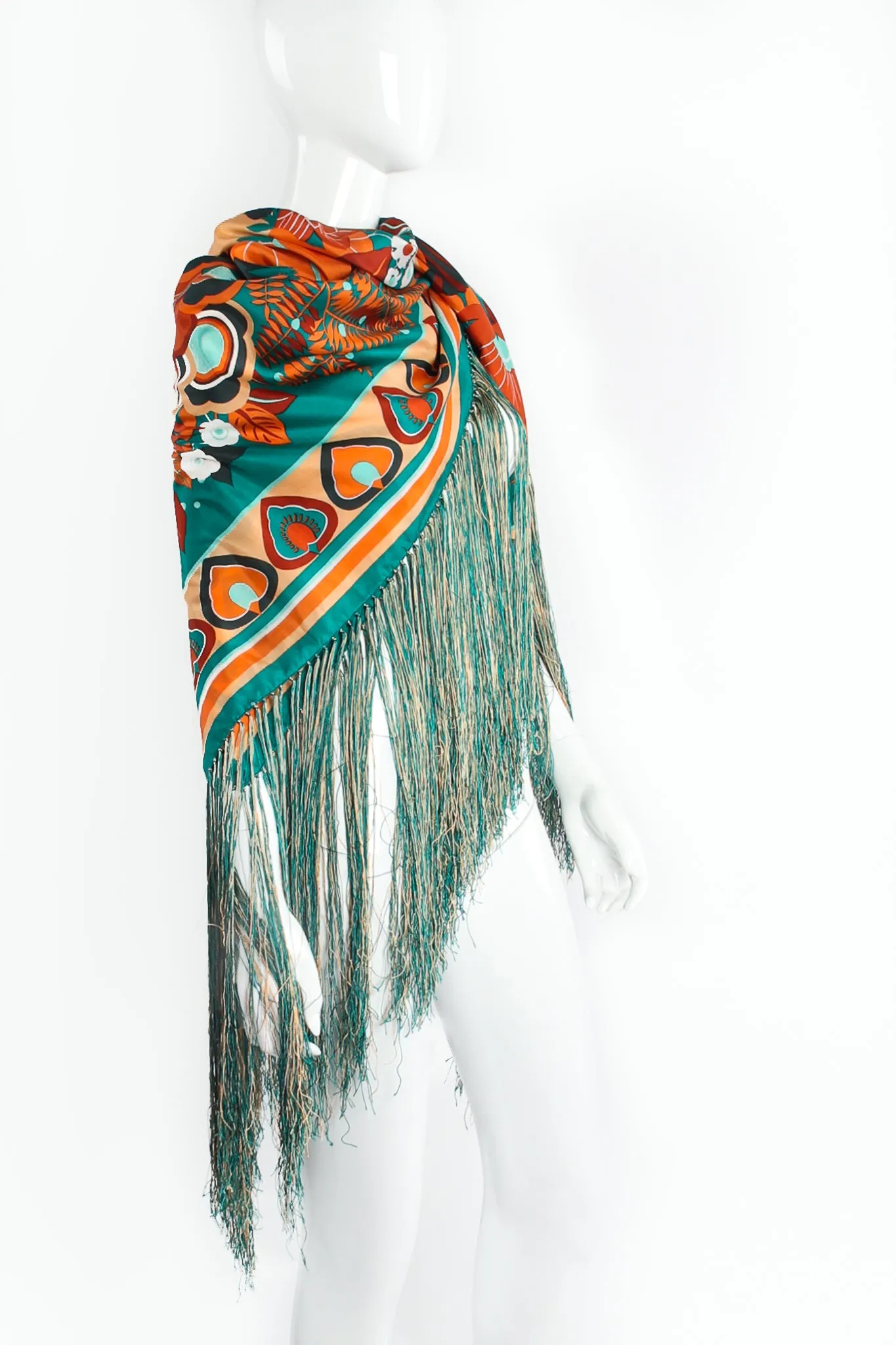Tropical Floral Print Silk Fringe Shawl
