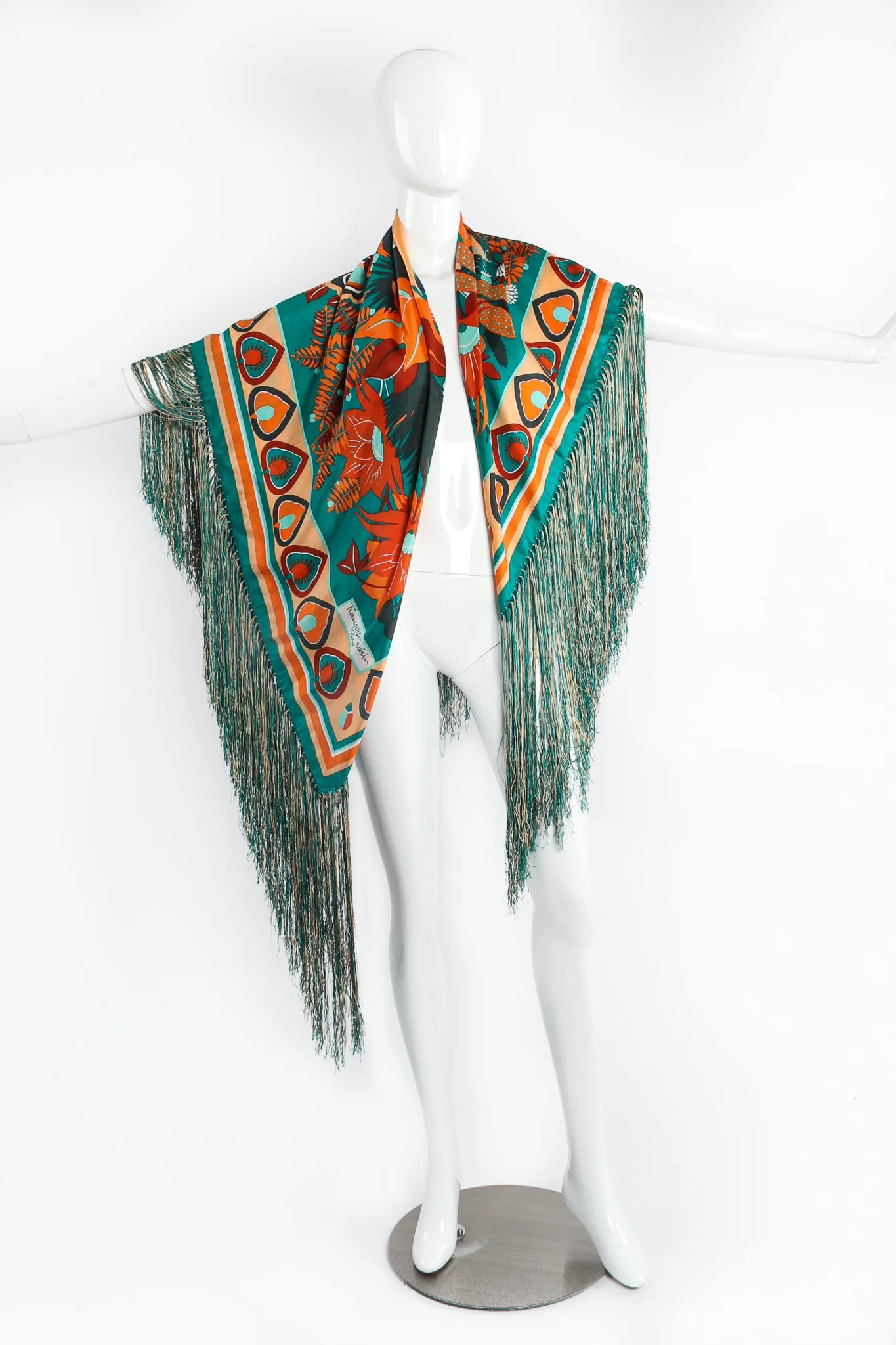Tropical Floral Print Silk Fringe Shawl