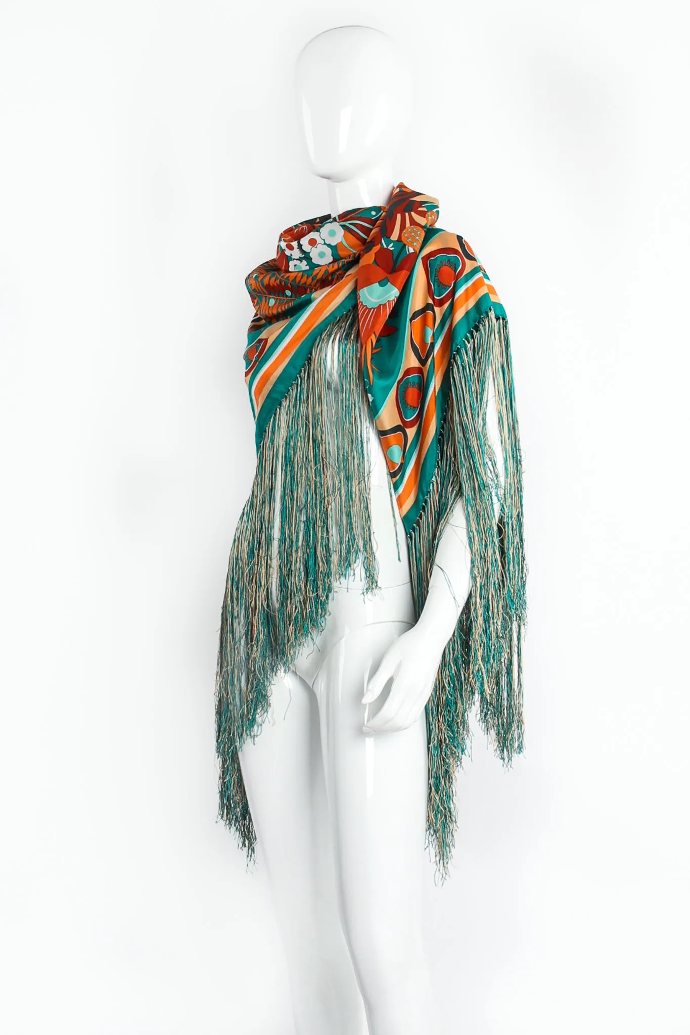 Tropical Floral Print Silk Fringe Shawl