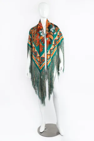 Tropical Floral Print Silk Fringe Shawl