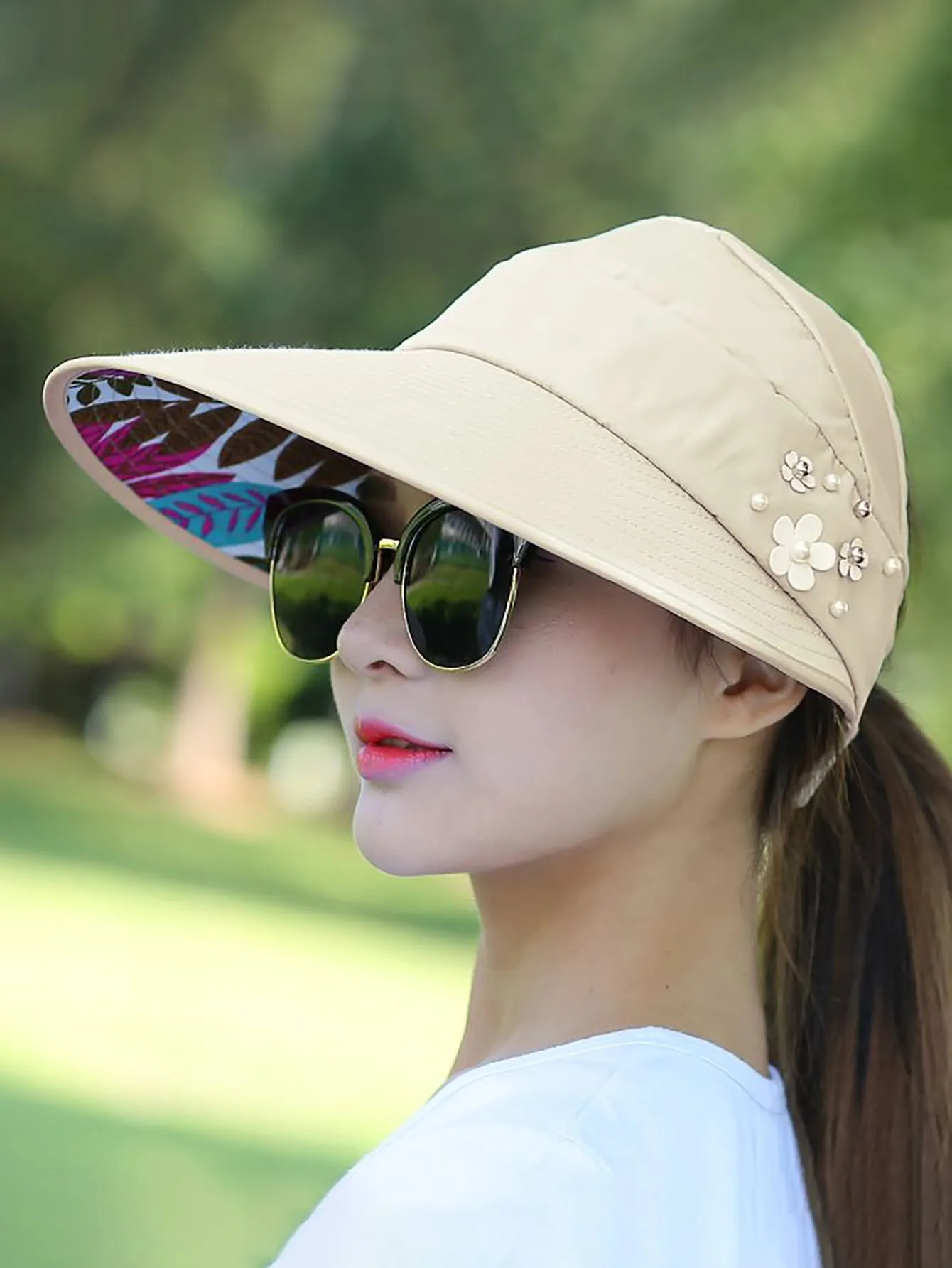 Tropical Print Faux Pearl & Flower Decor Hat