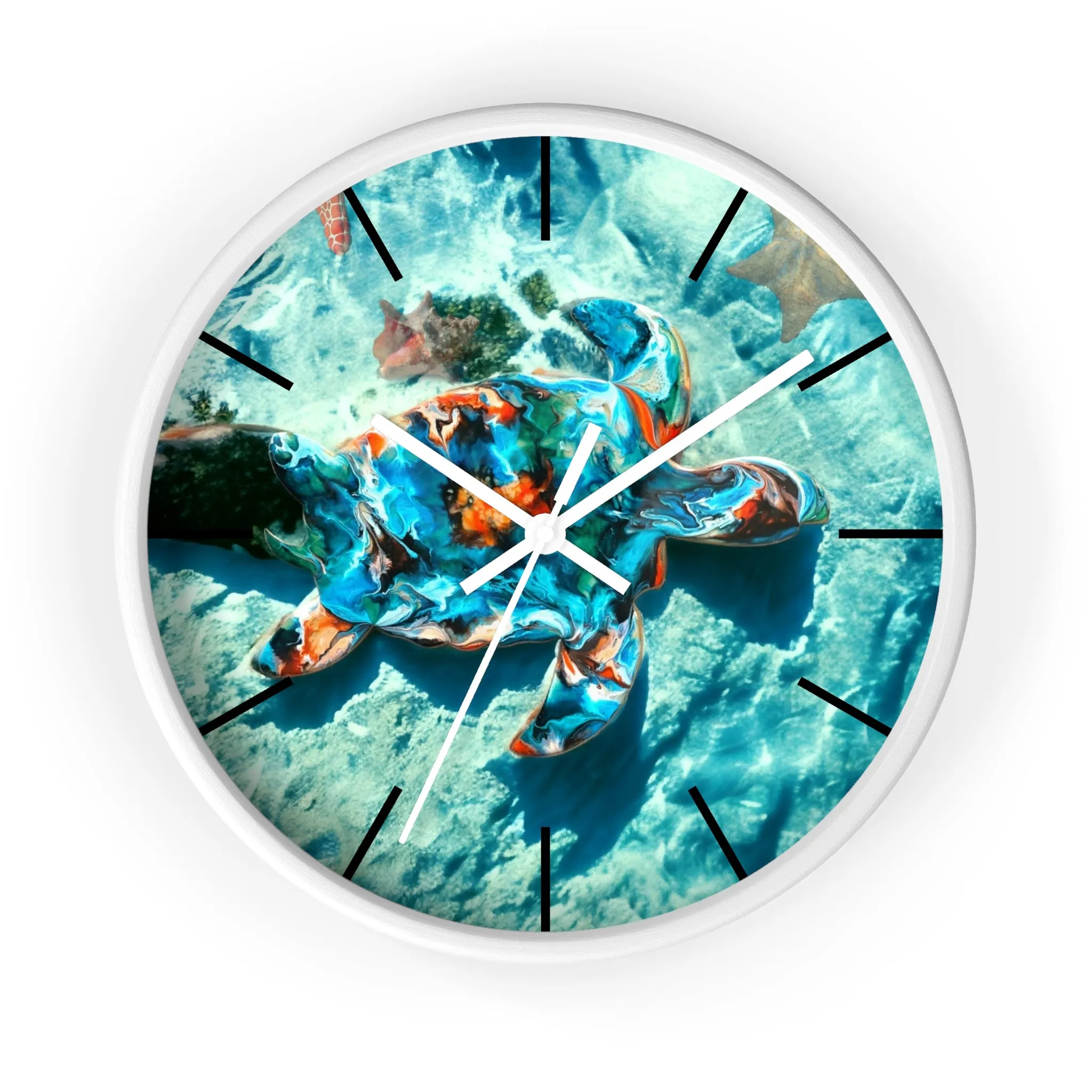 Tropical Sea Turtle Coastal Print Wall Clock 3 Frame Colors
