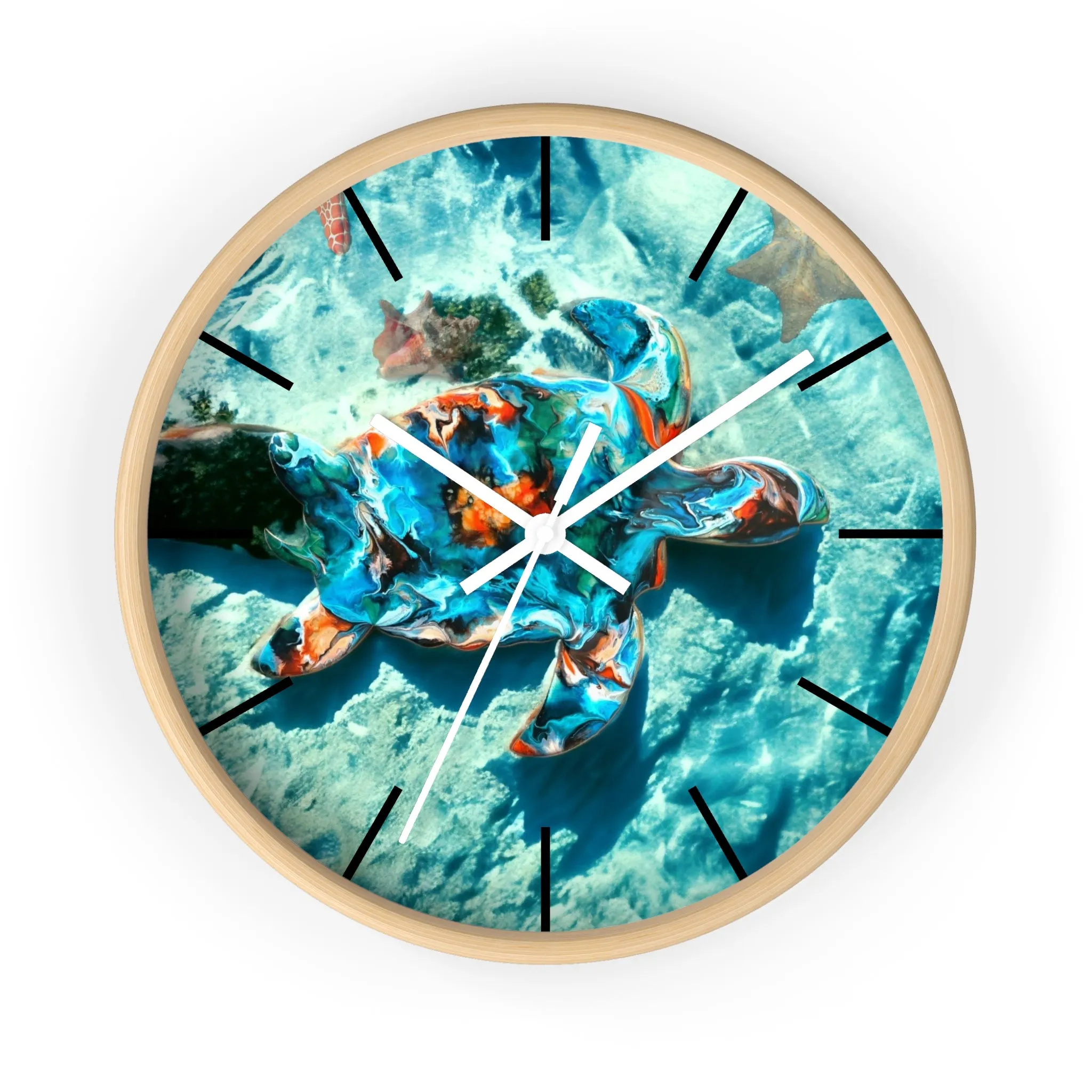 Tropical Sea Turtle Coastal Print Wall Clock 3 Frame Colors