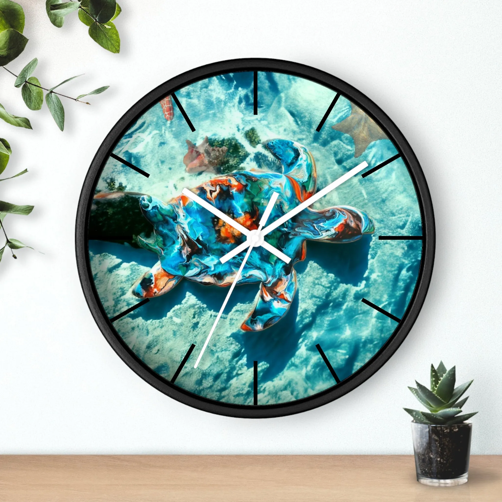 Tropical Sea Turtle Coastal Print Wall Clock 3 Frame Colors