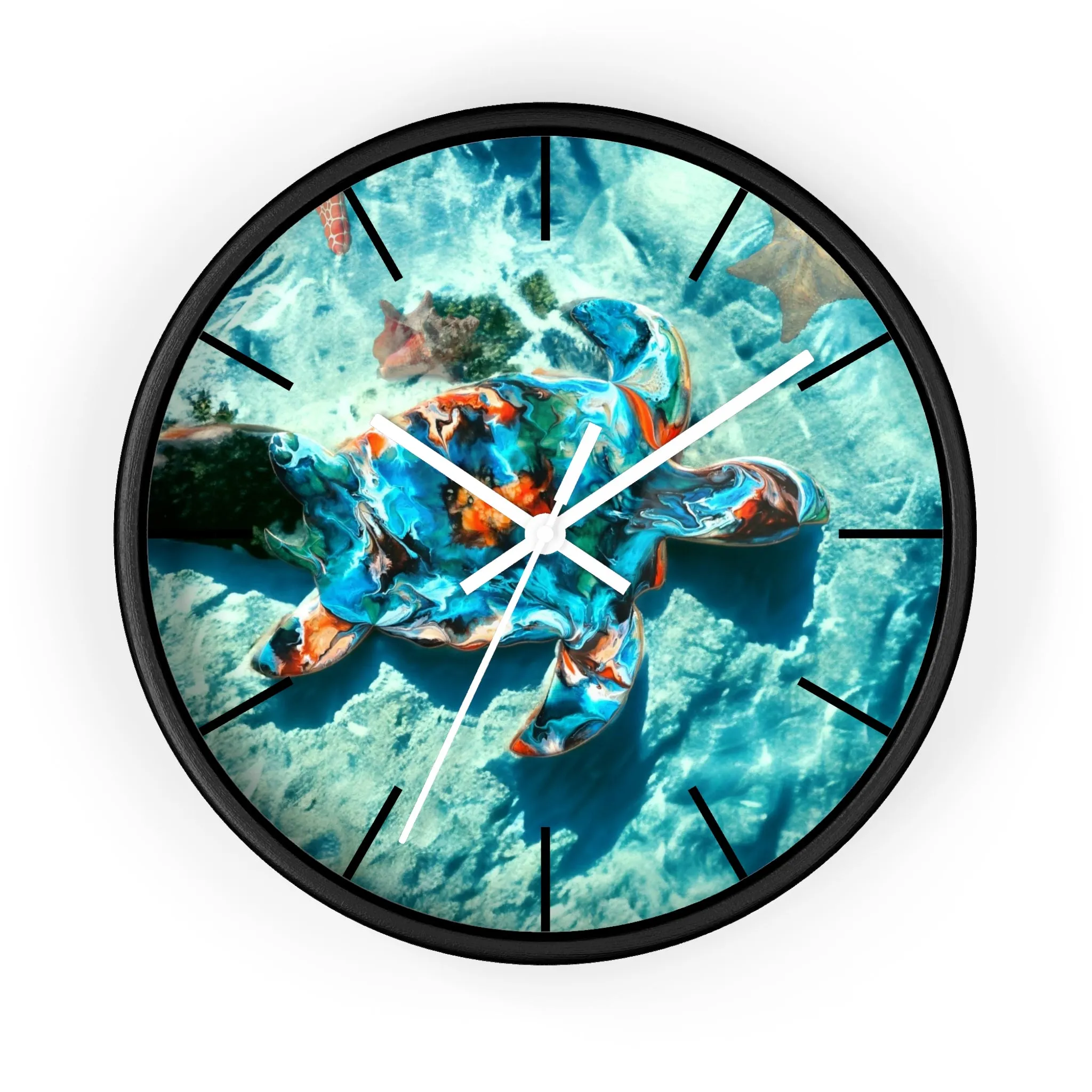 Tropical Sea Turtle Coastal Print Wall Clock 3 Frame Colors