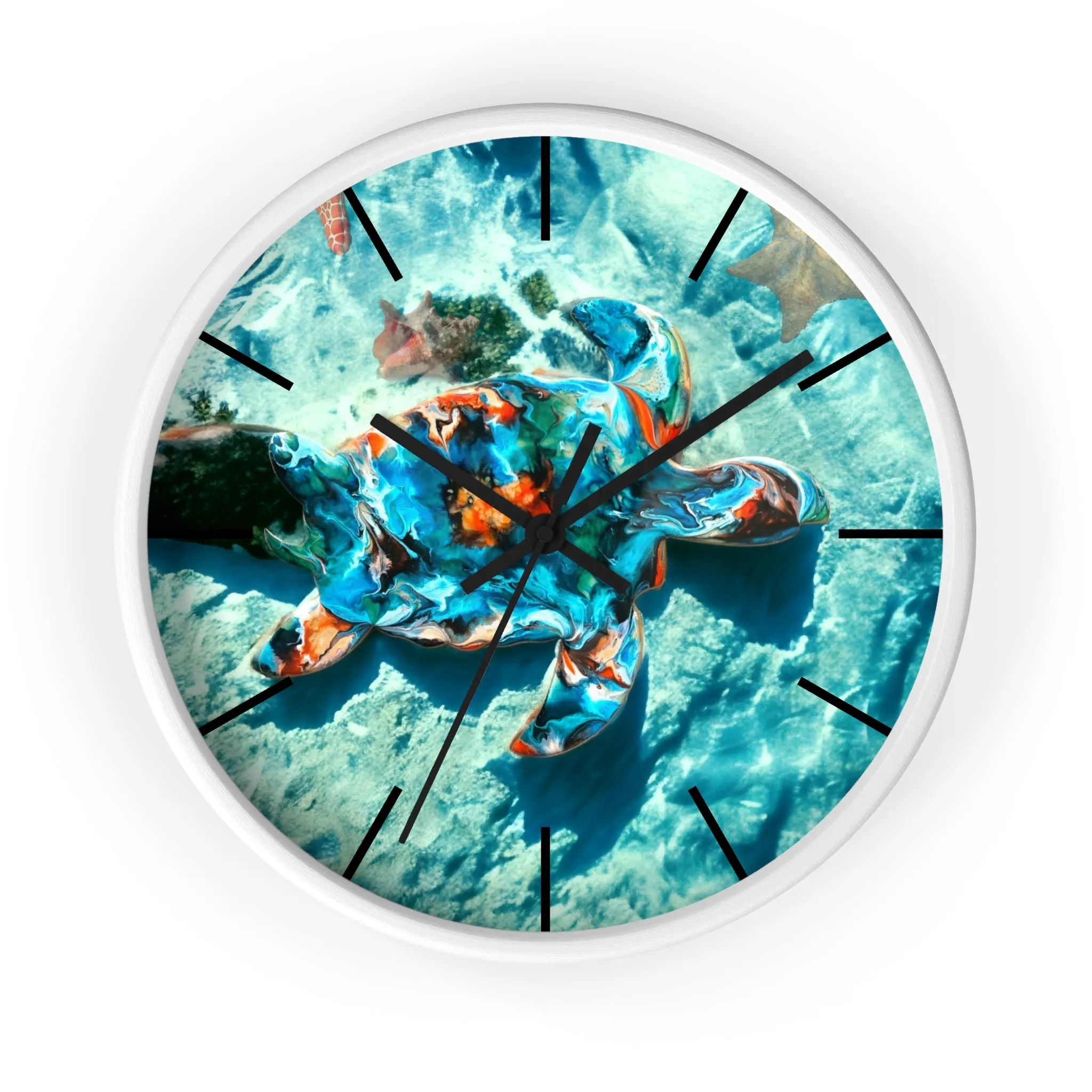 Tropical Sea Turtle Coastal Print Wall Clock 3 Frame Colors