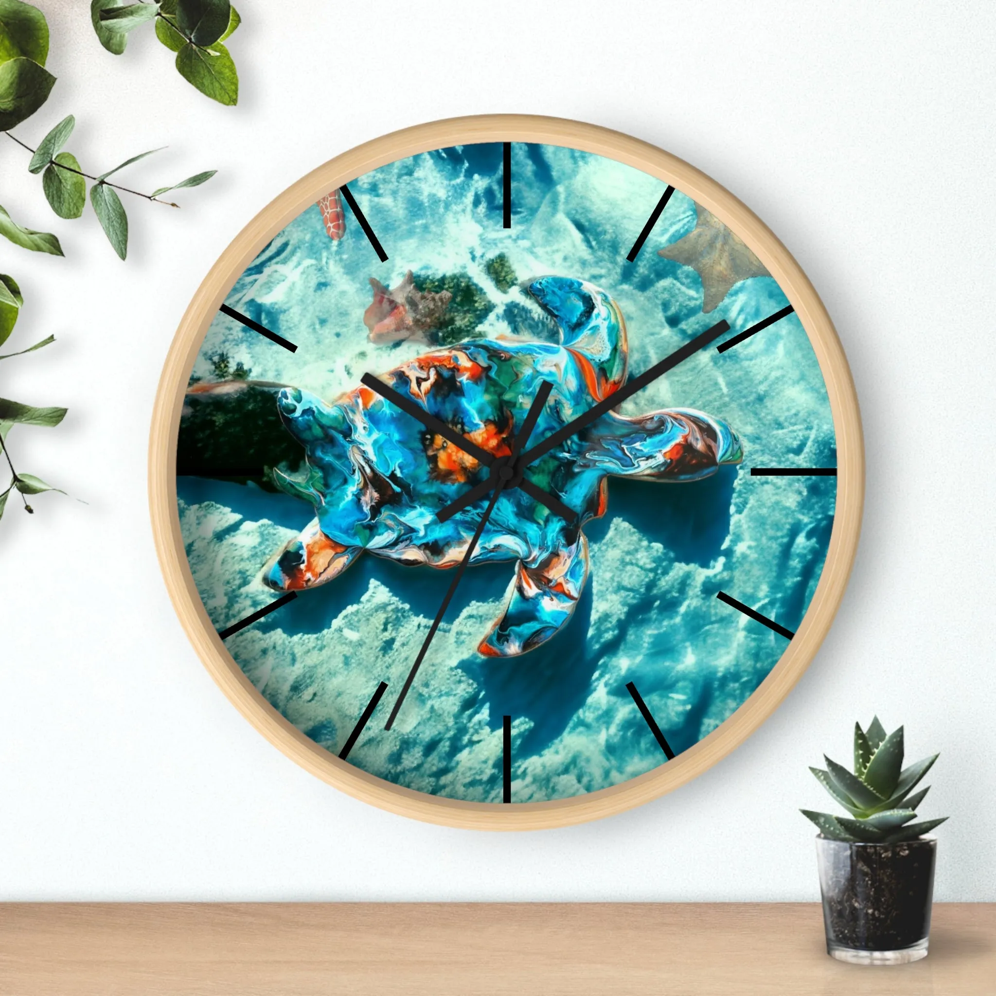 Tropical Sea Turtle Coastal Print Wall Clock 3 Frame Colors