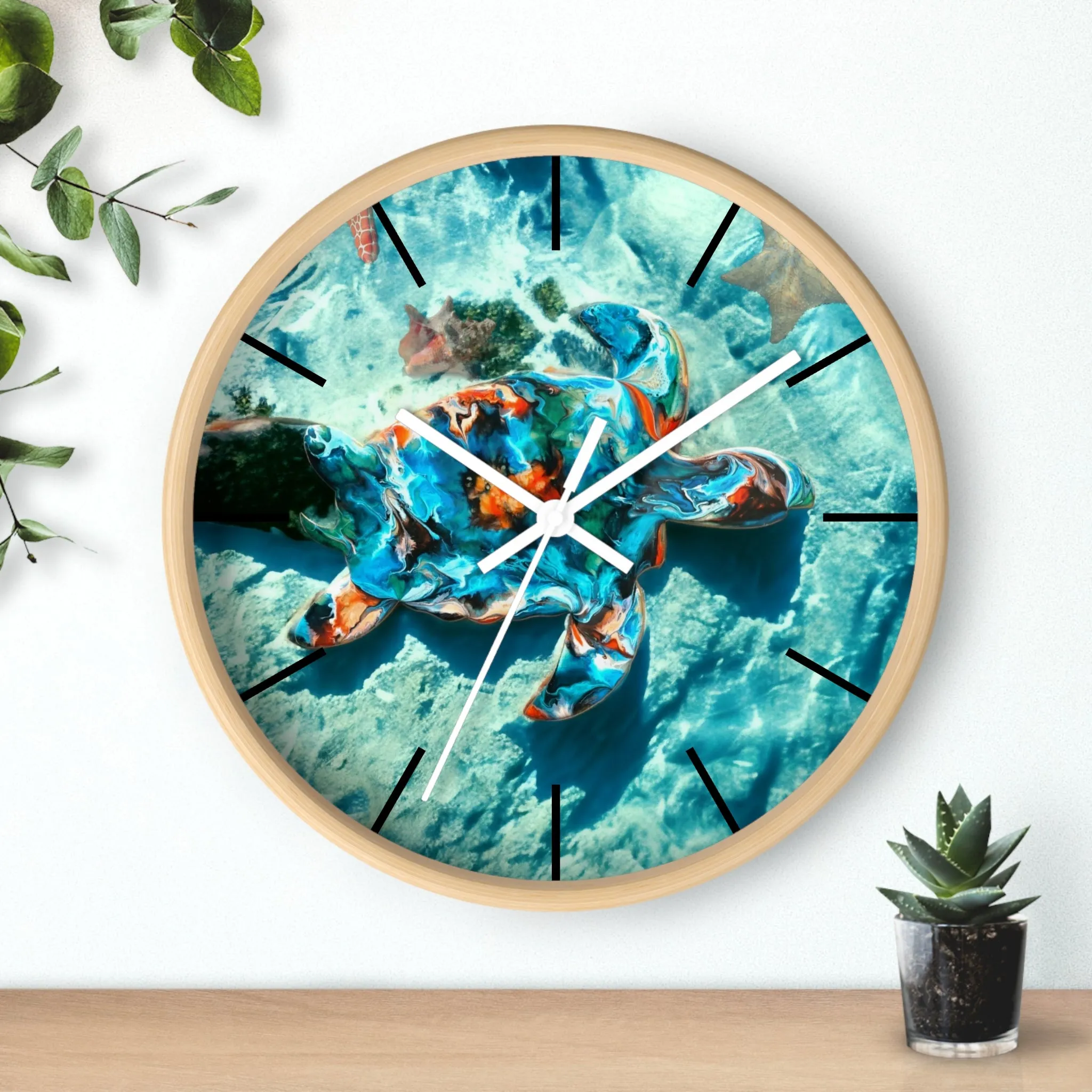 Tropical Sea Turtle Coastal Print Wall Clock 3 Frame Colors