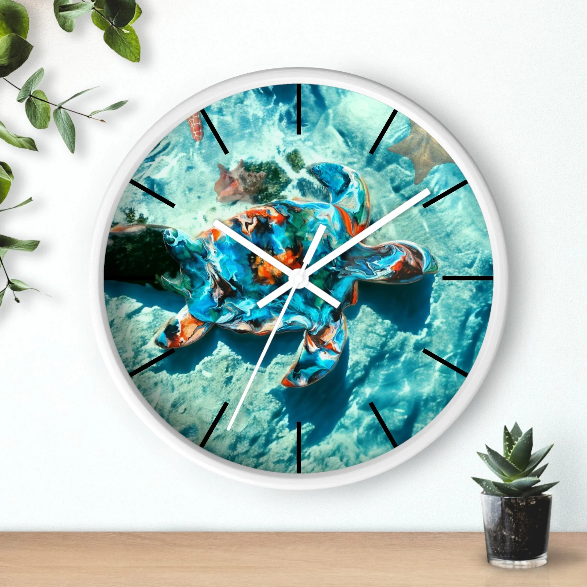 Tropical Sea Turtle Coastal Print Wall Clock 3 Frame Colors