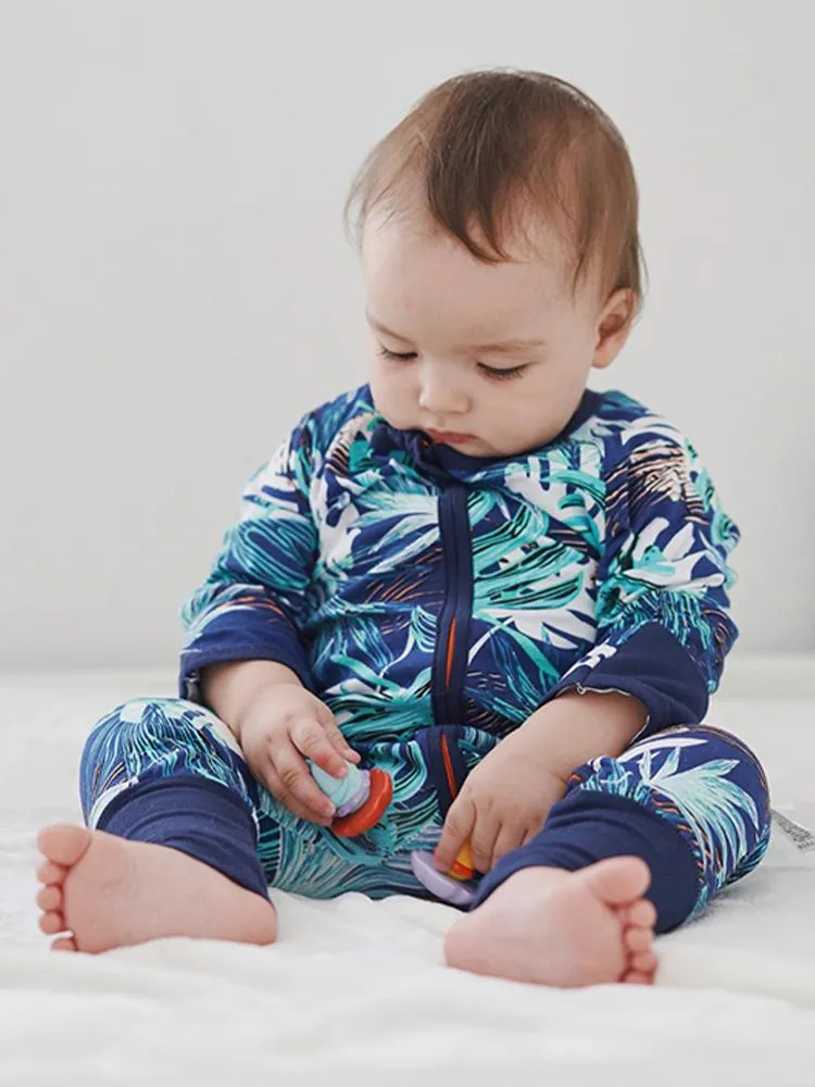 Turquoise Tropical Baby Zip Sleepsuit with Hand & Feet Cuffs