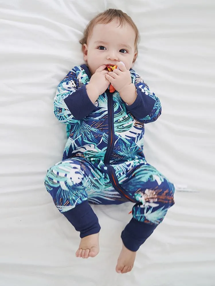 Turquoise Tropical Baby Zip Sleepsuit with Hand & Feet Cuffs