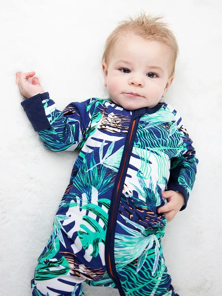 Turquoise Tropical Baby Zip Sleepsuit with Hand & Feet Cuffs