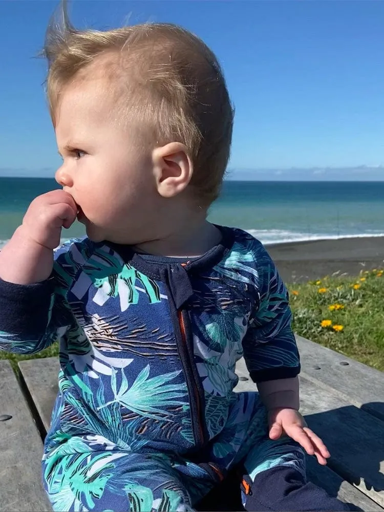 Turquoise Tropical Baby Zip Sleepsuit with Hand & Feet Cuffs