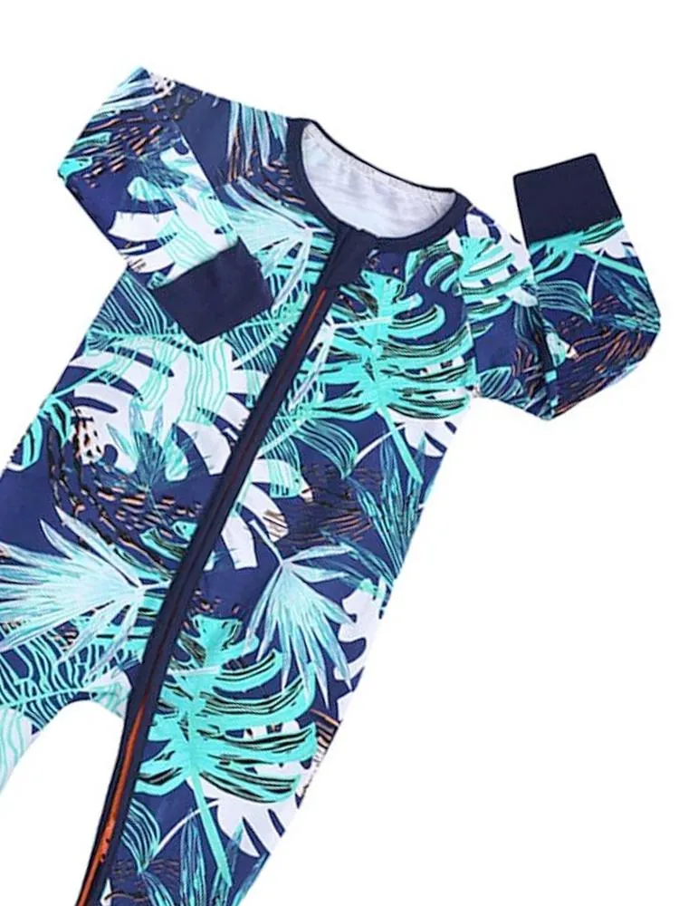 Turquoise Tropical Baby Zip Sleepsuit with Hand & Feet Cuffs