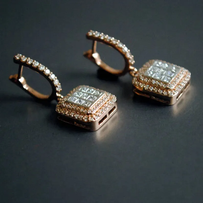 Two Tone Deco Diamond Huggie & Drop Earrings