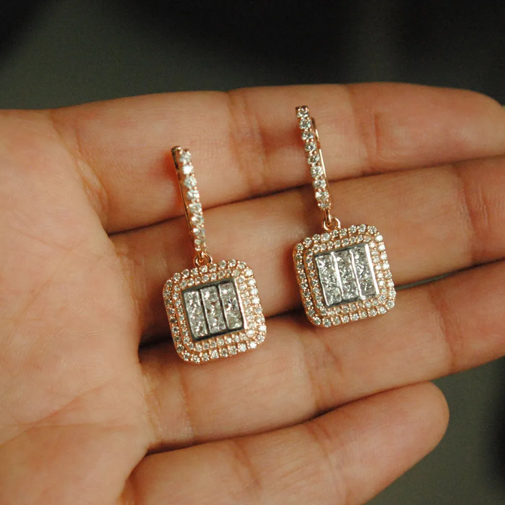 Two Tone Deco Diamond Huggie & Drop Earrings