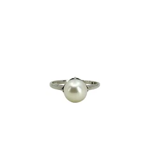 Vintage Mikimoto Claw Prong Solitaire Japanese Saltwater Akoya Cultured Pearl Ring- Sterling Silver Sz 6