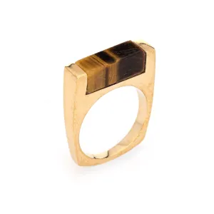 Vintage Square Ring Tigers Eye 14k Yellow Gold Sz 6.25 Geometric Stacking Band